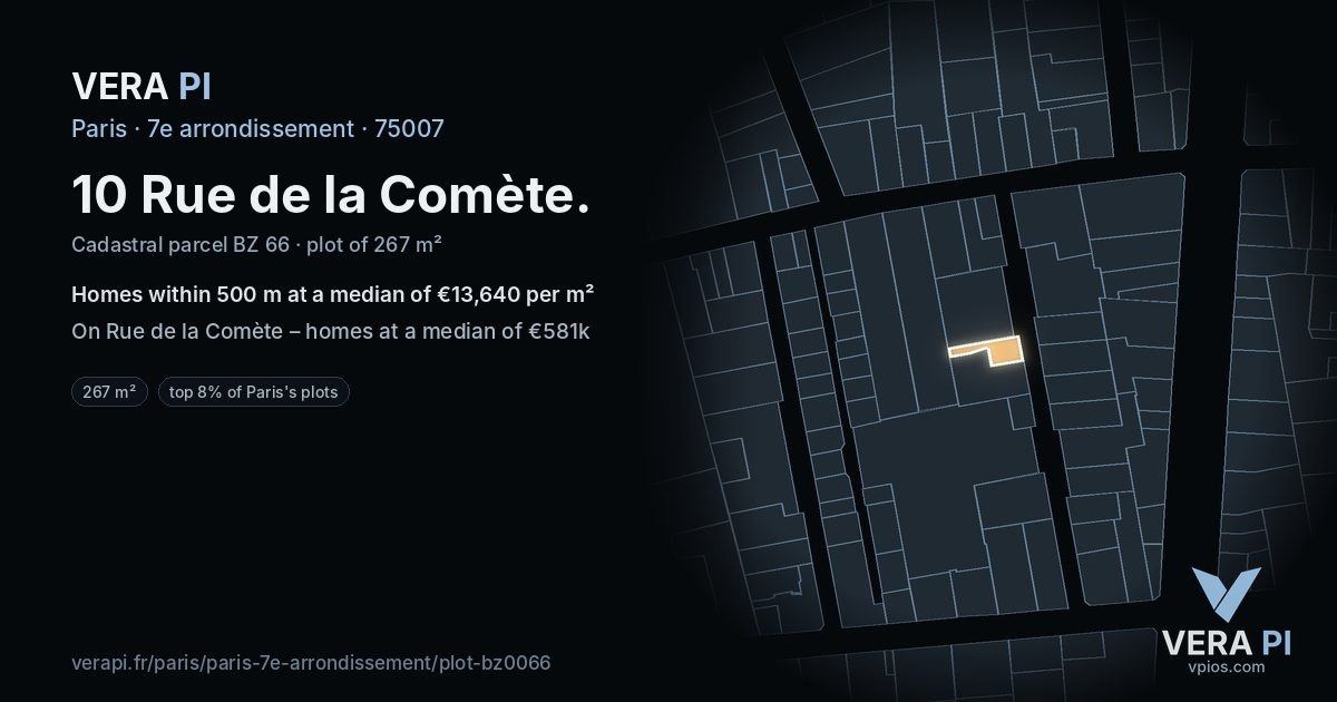 10 Rue de la Comète, 7e arrondissement at night – the plot lit, the parcels around coloured by the prices near them