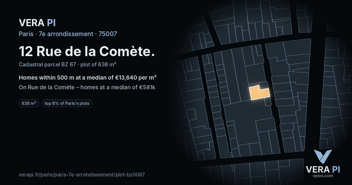 12 Rue de la Comète, 7e arrondissement at night – the plot lit, the parcels around coloured by the prices near them