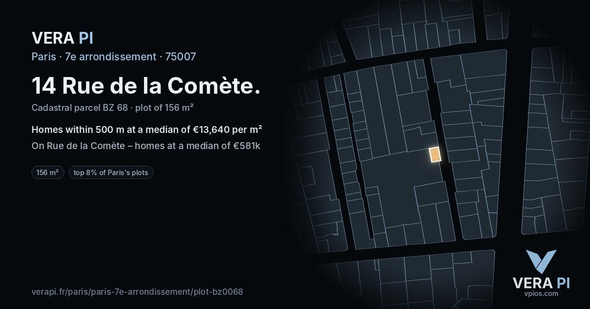 14 Rue de la Comète, 7e arrondissement at night – the plot lit, the parcels around coloured by the prices near them