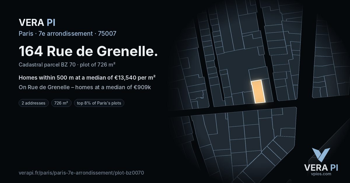 164 Rue de Grenelle, 7e arrondissement at night – the plot lit, the parcels around coloured by the prices near them