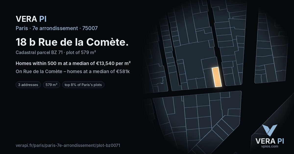 18 b Rue de la Comète, 7e arrondissement at night – the plot lit, the parcels around coloured by the prices near them