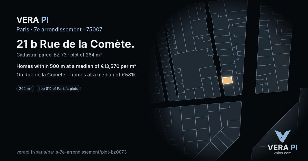 21 b Rue de la Comète, 7e arrondissement at night – the plot lit, the parcels around coloured by the prices near them