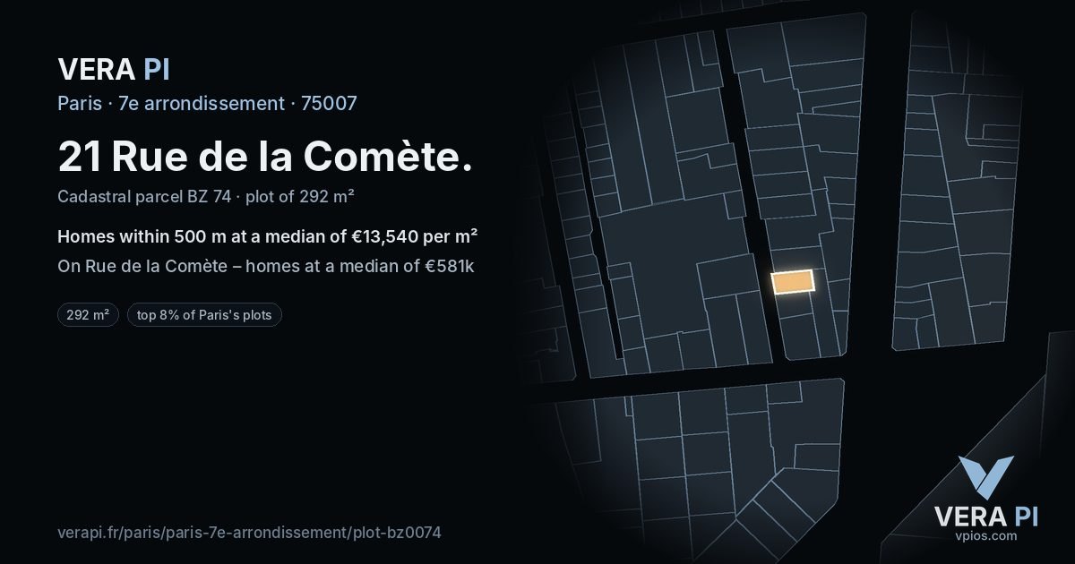 21 Rue de la Comète, 7e arrondissement at night – the plot lit, the parcels around coloured by the prices near them