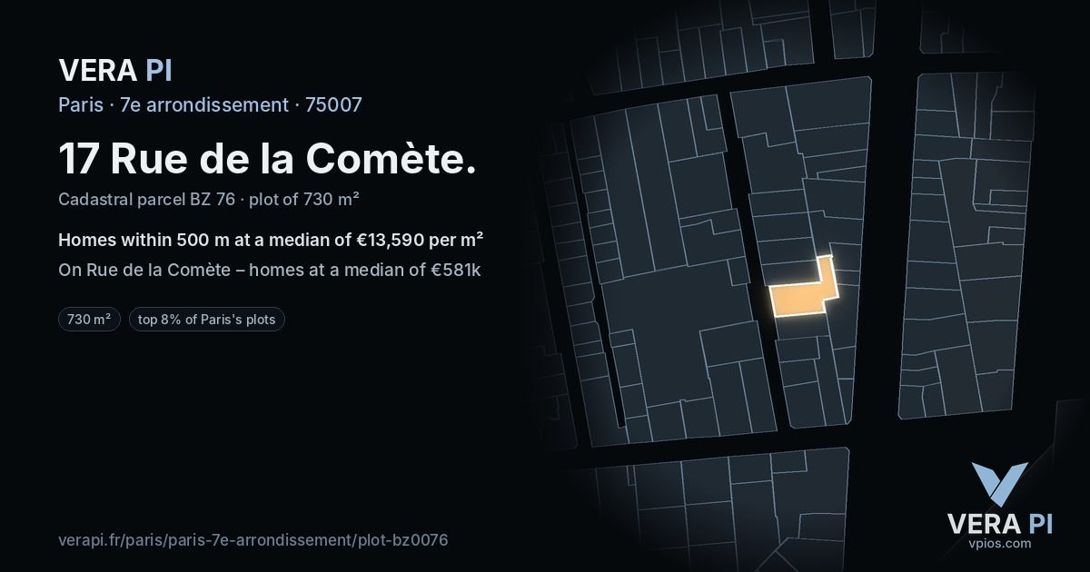 17 Rue de la Comète, 7e arrondissement at night – the plot lit, the parcels around coloured by the prices near them