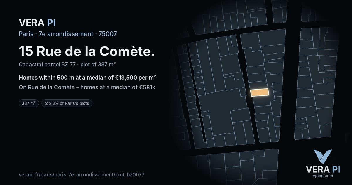 15 Rue de la Comète, 7e arrondissement at night – the plot lit, the parcels around coloured by the prices near them