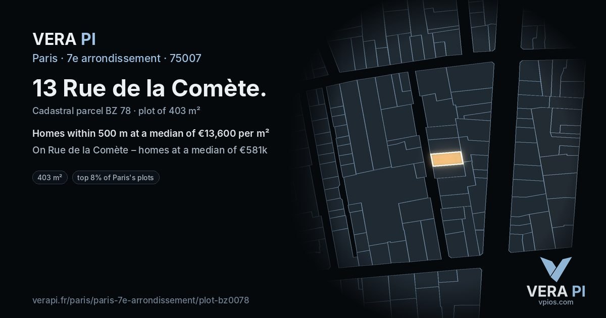 13 Rue de la Comète, 7e arrondissement at night – the plot lit, the parcels around coloured by the prices near them