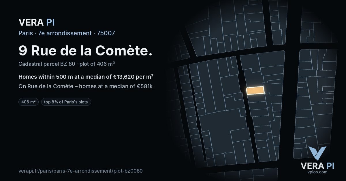 9 Rue de la Comète, 7e arrondissement at night – the plot lit, the parcels around coloured by the prices near them