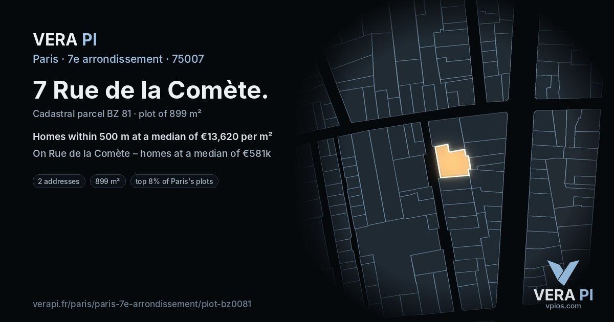 7 Rue de la Comète, 7e arrondissement at night – the plot lit, the parcels around coloured by the prices near them