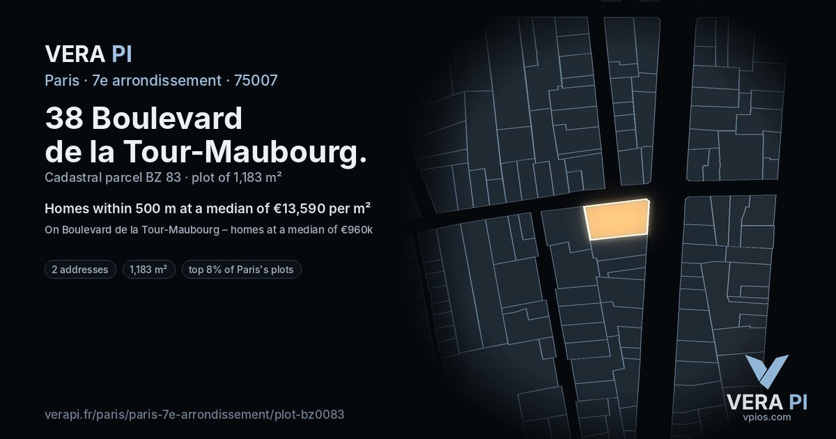 38 Boulevard de la Tour-Maubourg, 7e arrondissement at night – the plot lit, the parcels around coloured by the prices near them