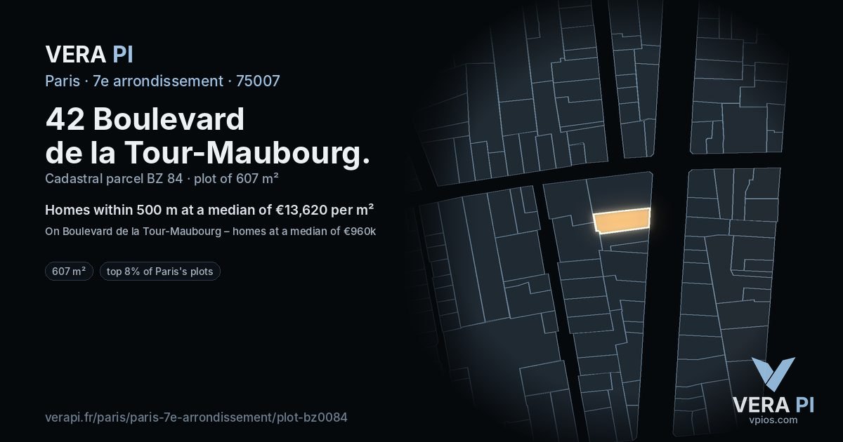 42 Boulevard de la Tour-Maubourg, 7e arrondissement at night – the plot lit, the parcels around coloured by the prices near them