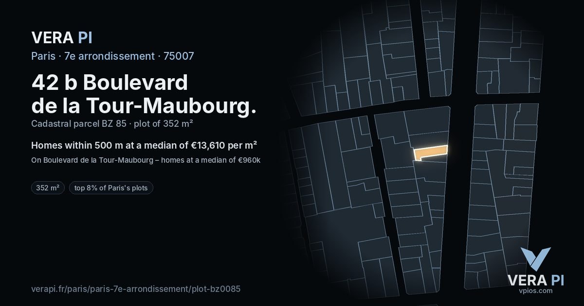 42 b Boulevard de la Tour-Maubourg, 7e arrondissement at night – the plot lit, the parcels around coloured by the prices near them