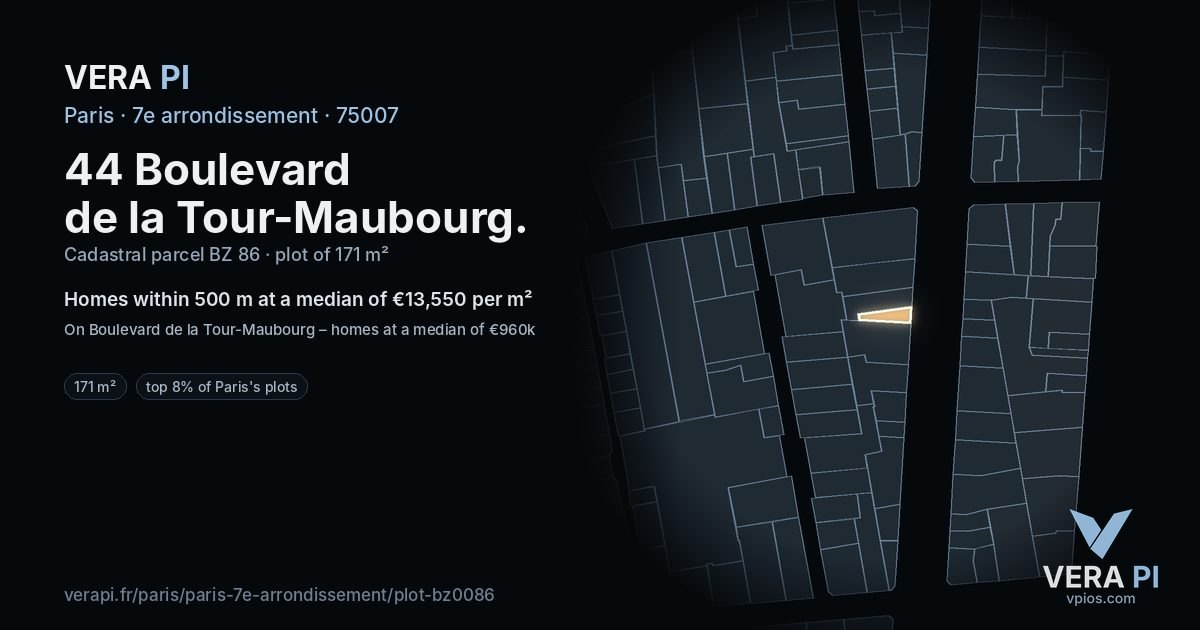 44 Boulevard de la Tour-Maubourg, 7e arrondissement at night – the plot lit, the parcels around coloured by the prices near them