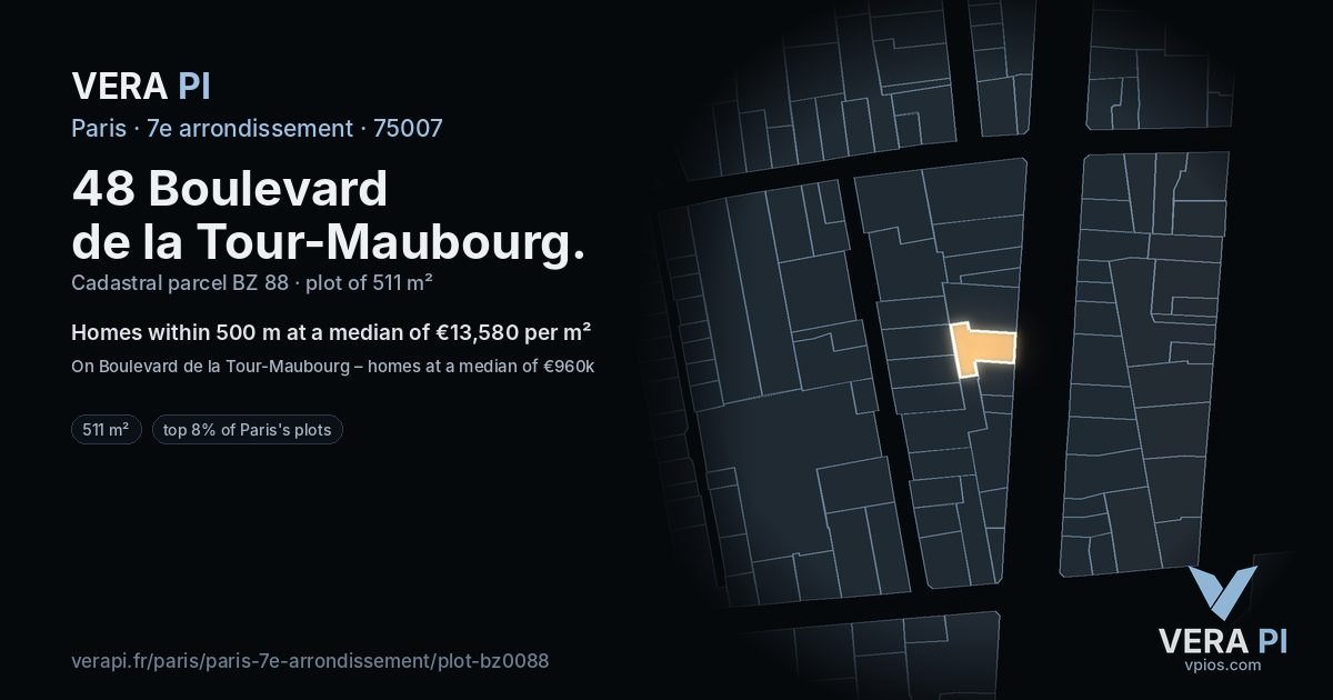 48 Boulevard de la Tour-Maubourg, 7e arrondissement at night – the plot lit, the parcels around coloured by the prices near them