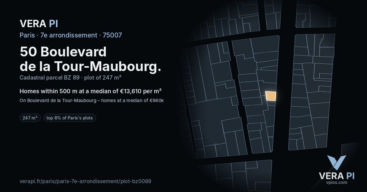 50 Boulevard de la Tour-Maubourg, 7e arrondissement at night – the plot lit, the parcels around coloured by the prices near them