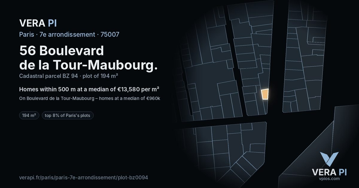 56 Boulevard de la Tour-Maubourg, 7e arrondissement at night – the plot lit, the parcels around coloured by the prices near them