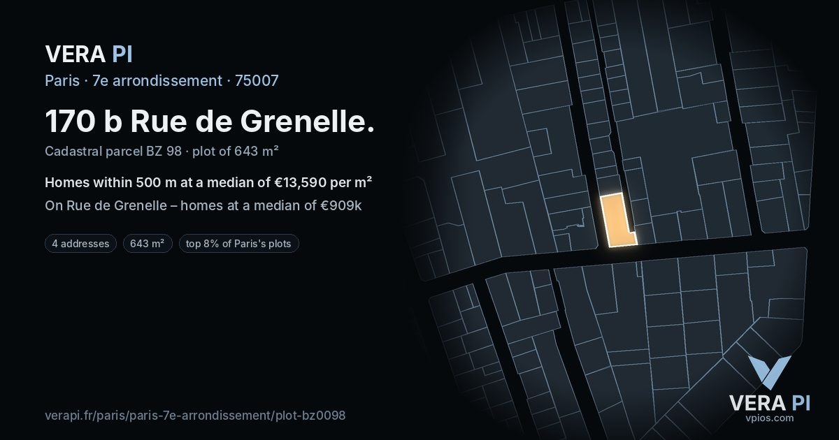 170 b Rue de Grenelle, 7e arrondissement at night – the plot lit, the parcels around coloured by the prices near them