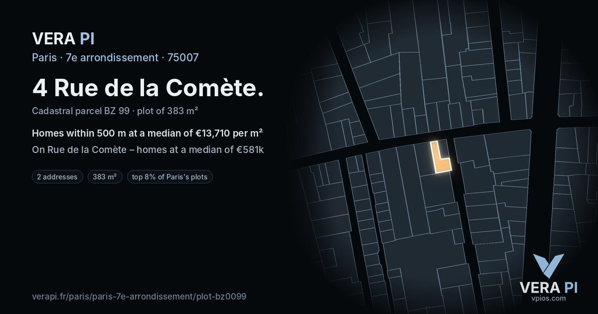 4 Rue de la Comète, 7e arrondissement at night – the plot lit, the parcels around coloured by the prices near them
