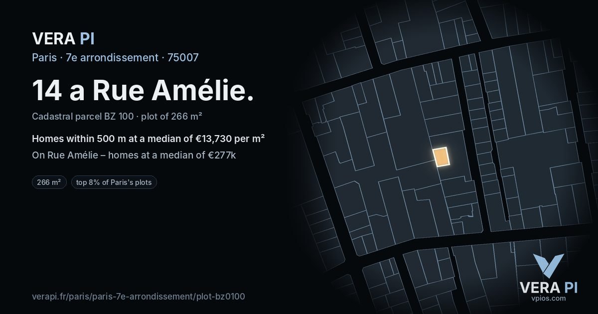 14 a Rue Amélie, 7e arrondissement at night – the plot lit, the parcels around coloured by the prices near them