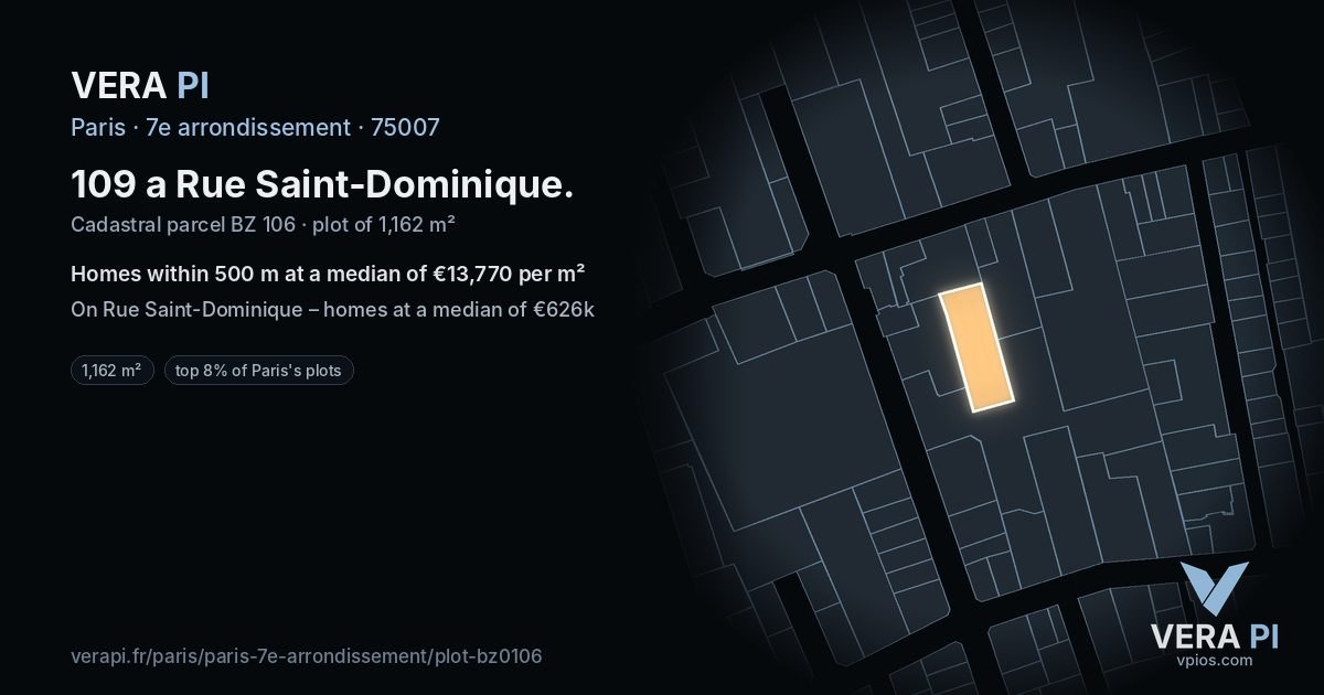 109 a Rue Saint-Dominique, 7e arrondissement at night – the plot lit, the parcels around coloured by the prices near them