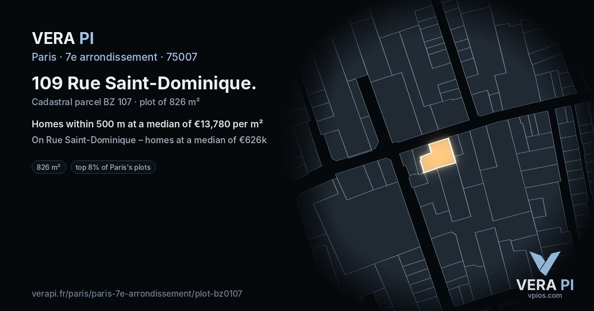 109 Rue Saint-Dominique, 7e arrondissement at night – the plot lit, the parcels around coloured by the prices near them