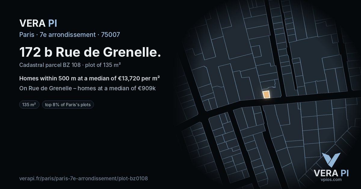 172 b Rue de Grenelle, 7e arrondissement at night – the plot lit, the parcels around coloured by the prices near them