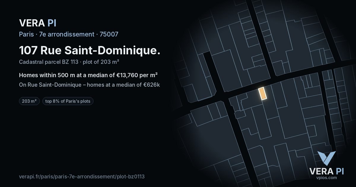 107 Rue Saint-Dominique, 7e arrondissement at night – the plot lit, the parcels around coloured by the prices near them