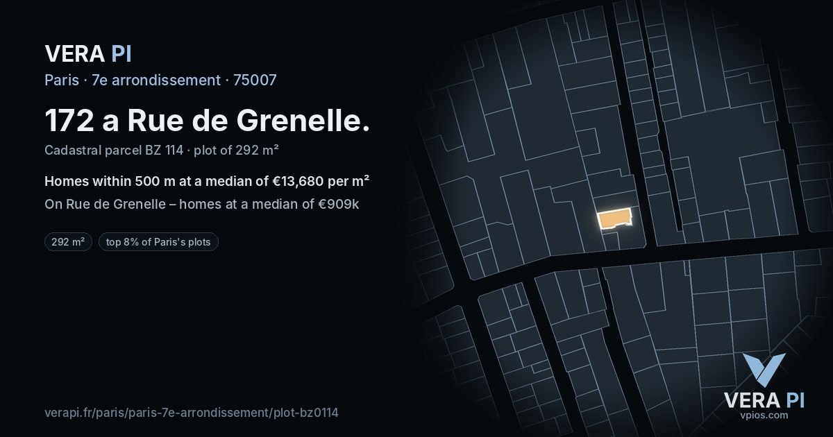 172 a Rue de Grenelle, 7e arrondissement at night – the plot lit, the parcels around coloured by the prices near them