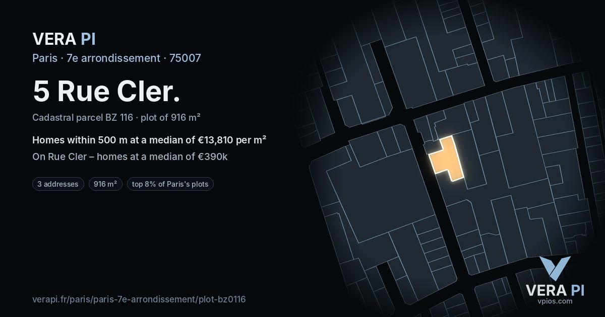 5 Rue Cler, 7e arrondissement at night – the plot lit, the parcels around coloured by the prices near them