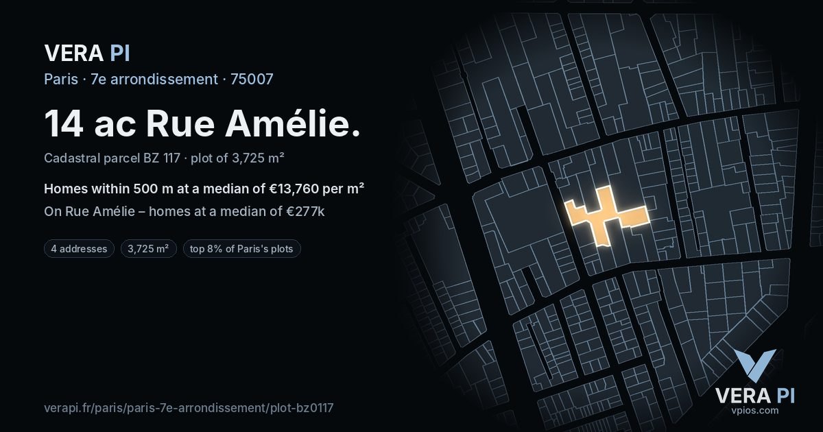 14 ac Rue Amélie, 7e arrondissement at night – the plot lit, the parcels around coloured by the prices near them