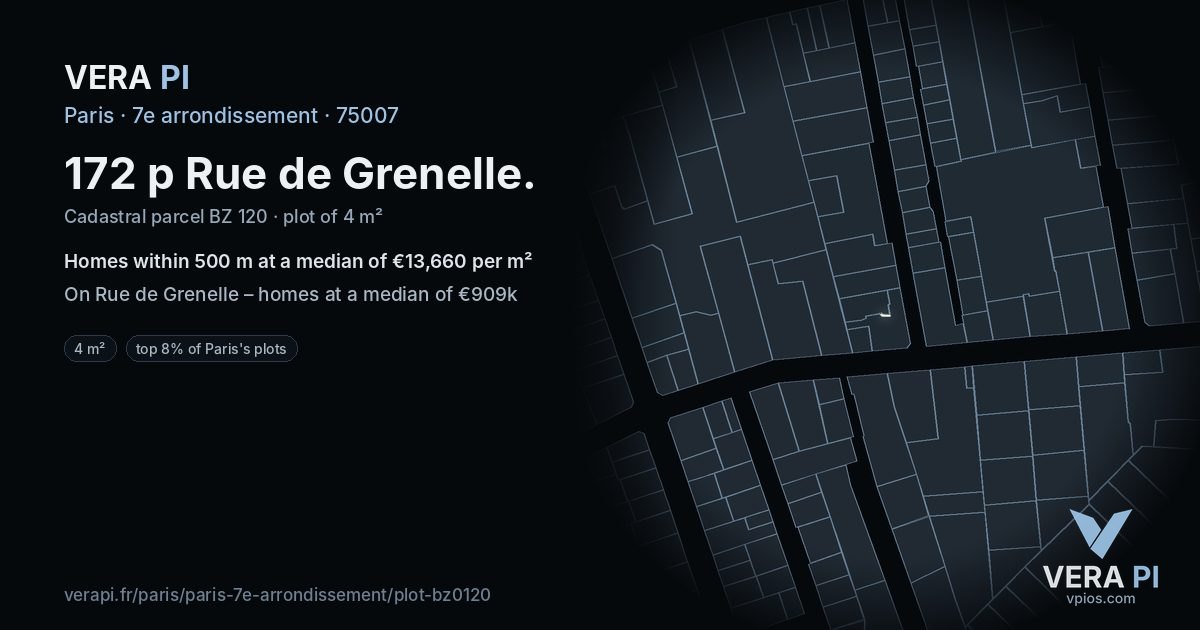 172 p Rue de Grenelle, 7e arrondissement at night – the plot lit, the parcels around coloured by the prices near them