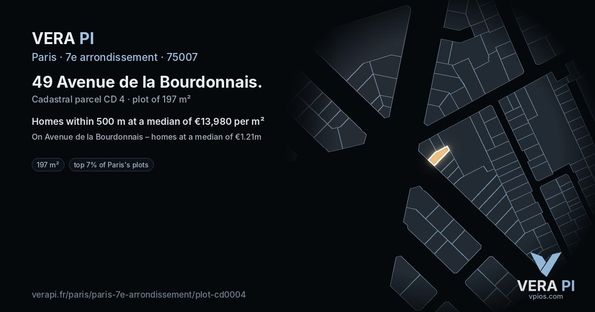 49 Avenue de la Bourdonnais, 7e arrondissement at night – the plot lit, the parcels around coloured by the prices near them