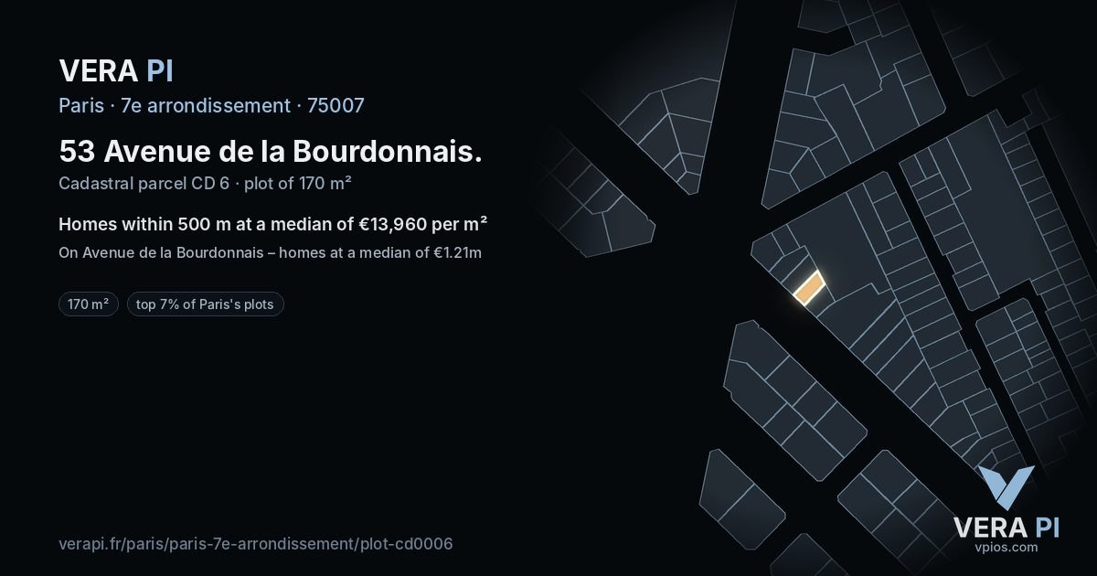 53 Avenue de la Bourdonnais, 7e arrondissement at night – the plot lit, the parcels around coloured by the prices near them