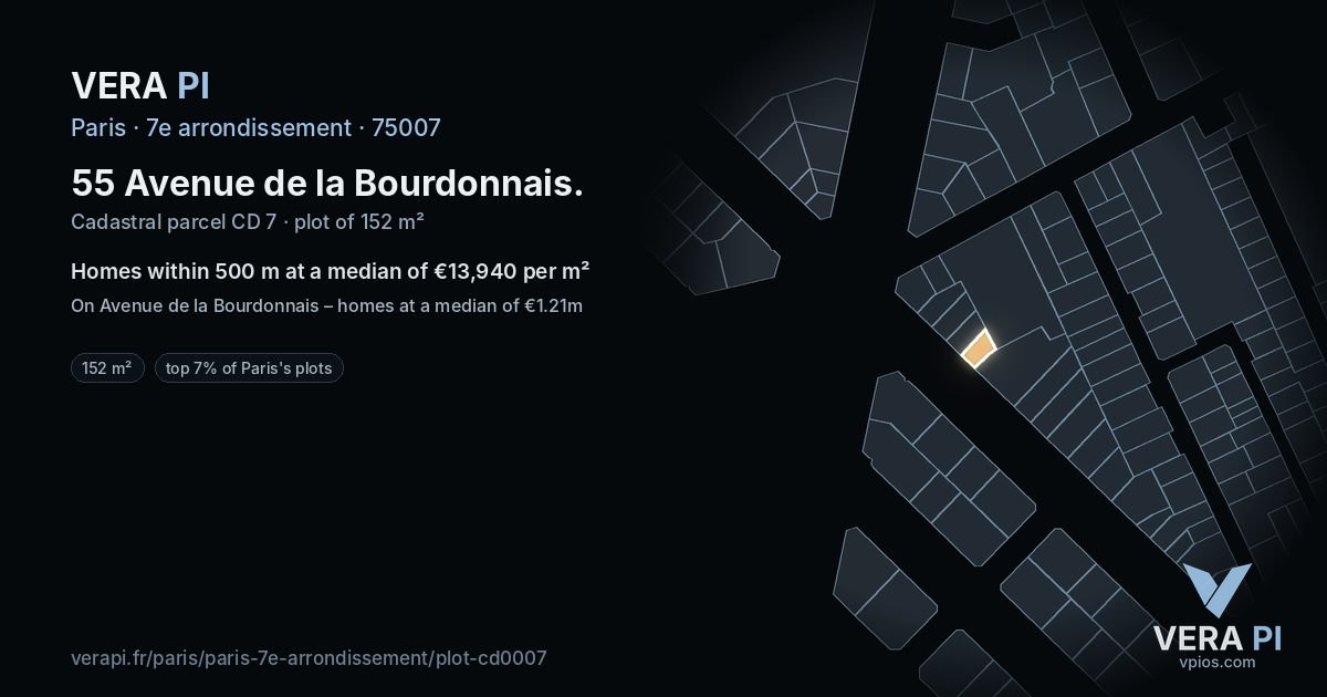 55 Avenue de la Bourdonnais, 7e arrondissement at night – the plot lit, the parcels around coloured by the prices near them