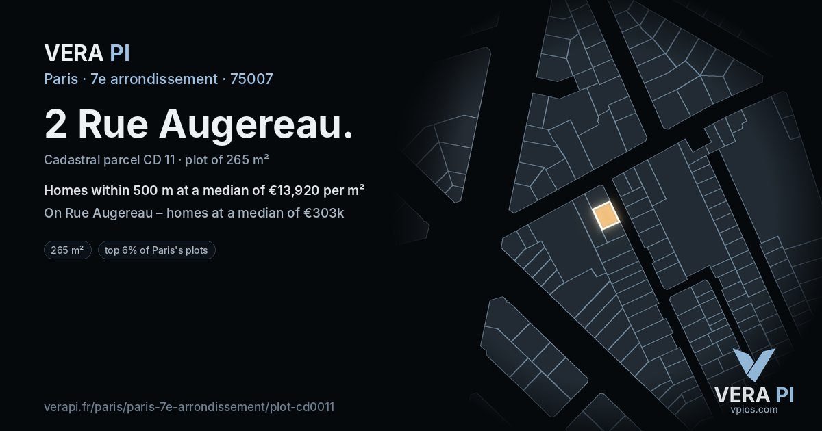 2 Rue Augereau, 7e arrondissement at night – the plot lit, the parcels around coloured by the prices near them