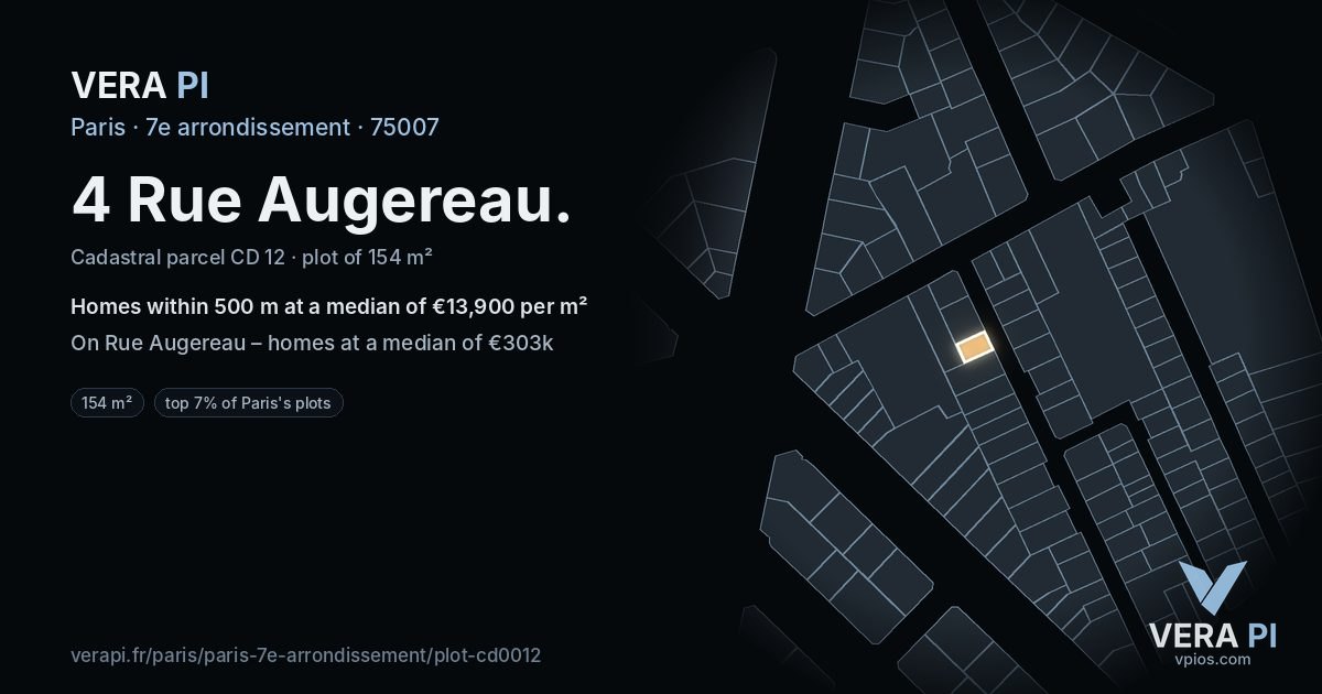 4 Rue Augereau, 7e arrondissement at night – the plot lit, the parcels around coloured by the prices near them