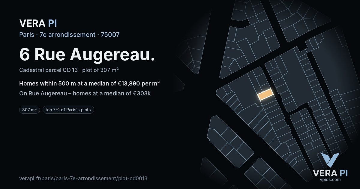 6 Rue Augereau, 7e arrondissement at night – the plot lit, the parcels around coloured by the prices near them