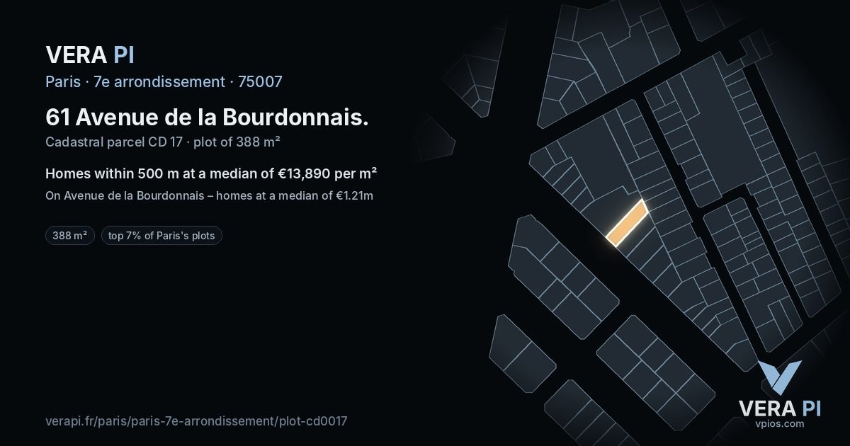 61 Avenue de la Bourdonnais, 7e arrondissement at night – the plot lit, the parcels around coloured by the prices near them