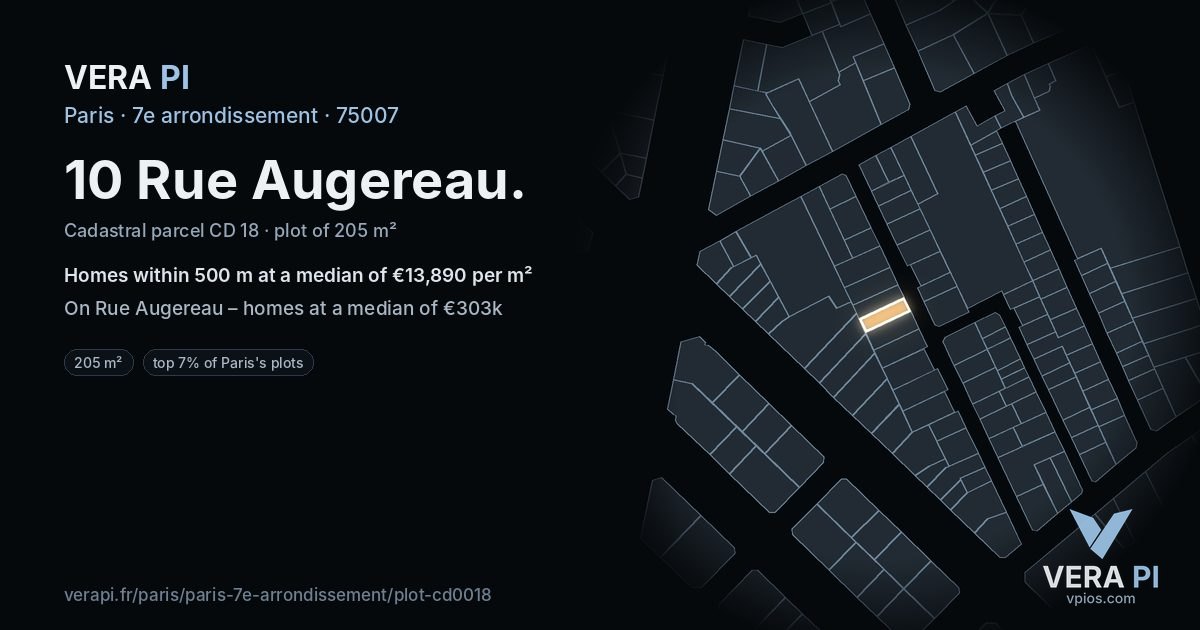 10 Rue Augereau, 7e arrondissement at night – the plot lit, the parcels around coloured by the prices near them
