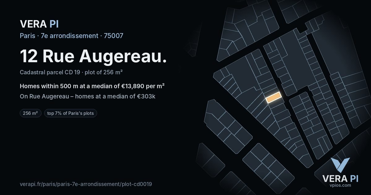 12 Rue Augereau, 7e arrondissement at night – the plot lit, the parcels around coloured by the prices near them