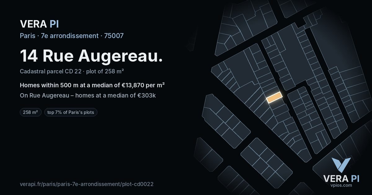 14 Rue Augereau, 7e arrondissement at night – the plot lit, the parcels around coloured by the prices near them
