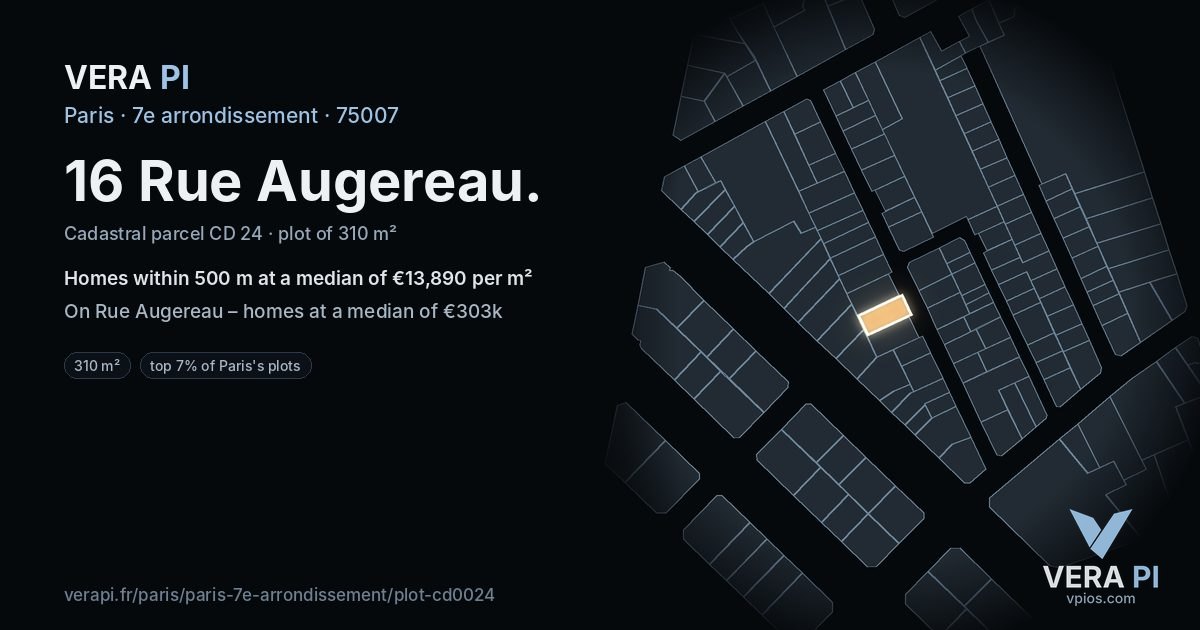 16 Rue Augereau, 7e arrondissement at night – the plot lit, the parcels around coloured by the prices near them