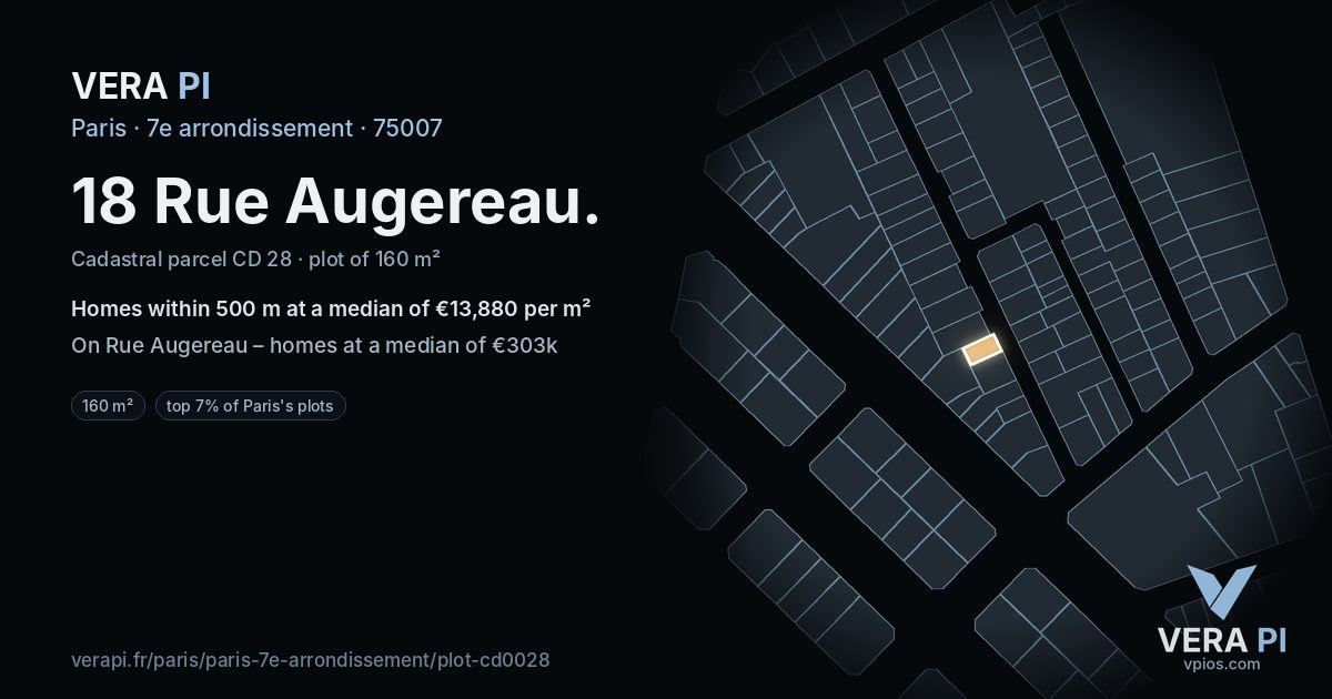 18 Rue Augereau, 7e arrondissement at night – the plot lit, the parcels around coloured by the prices near them