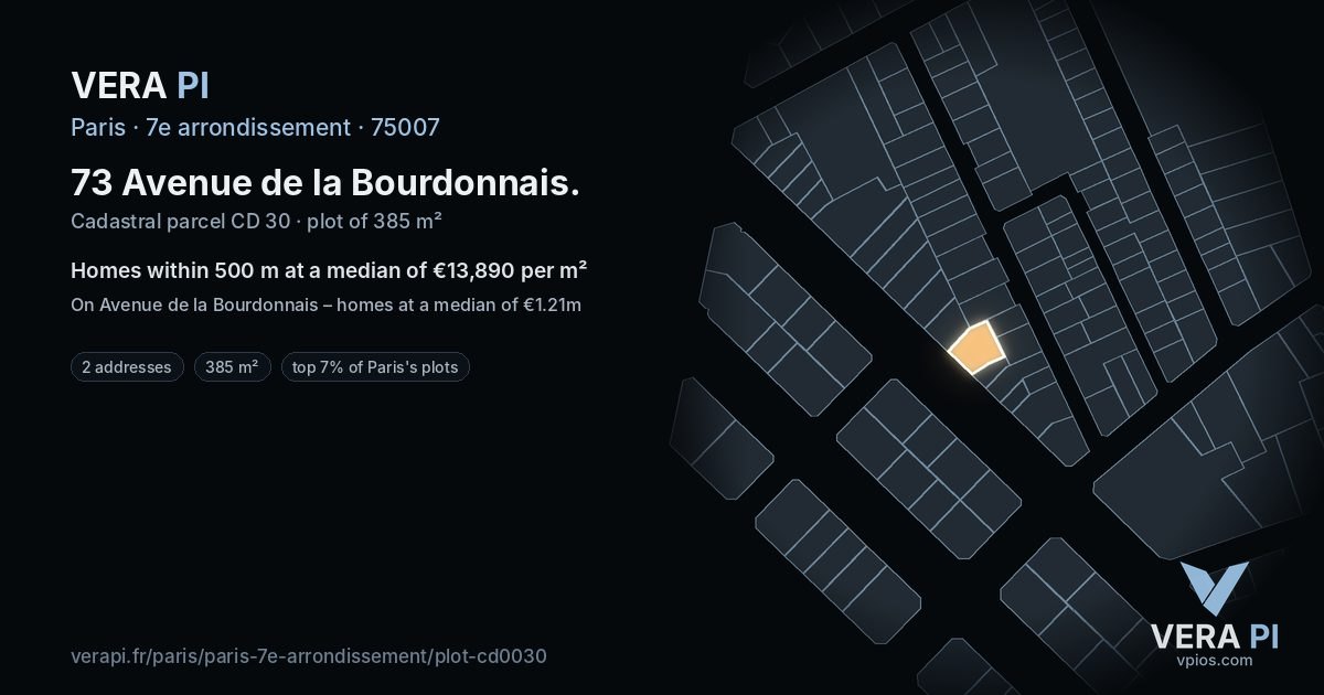 73 Avenue de la Bourdonnais, 7e arrondissement at night – the plot lit, the parcels around coloured by the prices near them