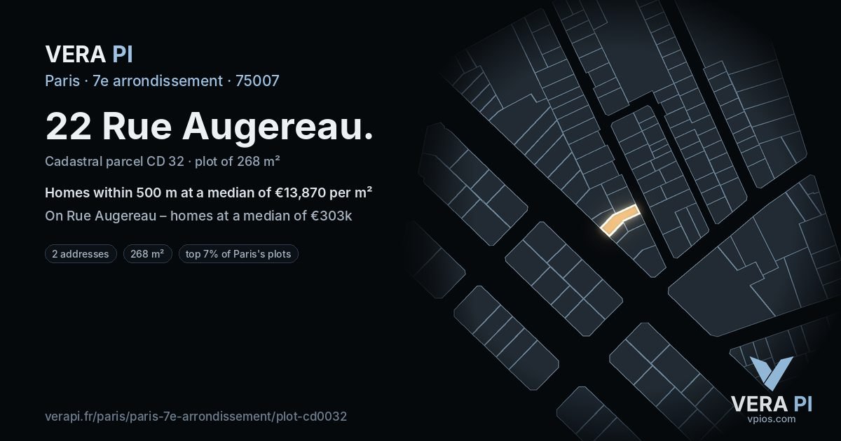 22 Rue Augereau, 7e arrondissement at night – the plot lit, the parcels around coloured by the prices near them