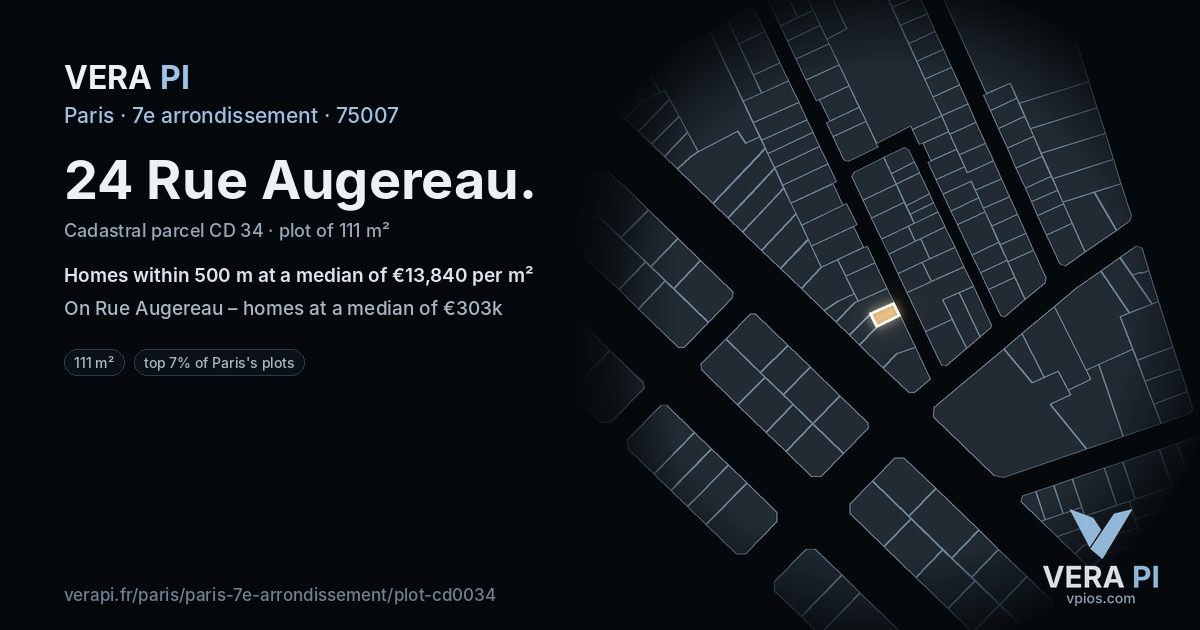 24 Rue Augereau, 7e arrondissement at night – the plot lit, the parcels around coloured by the prices near them