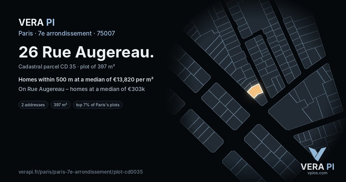 26 Rue Augereau, 7e arrondissement at night – the plot lit, the parcels around coloured by the prices near them