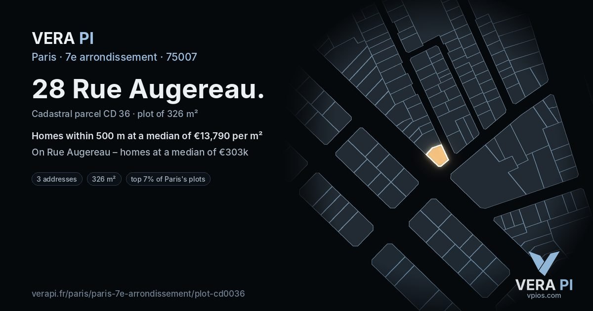 28 Rue Augereau, 7e arrondissement at night – the plot lit, the parcels around coloured by the prices near them