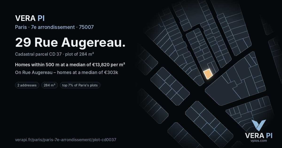 29 Rue Augereau, 7e arrondissement at night – the plot lit, the parcels around coloured by the prices near them