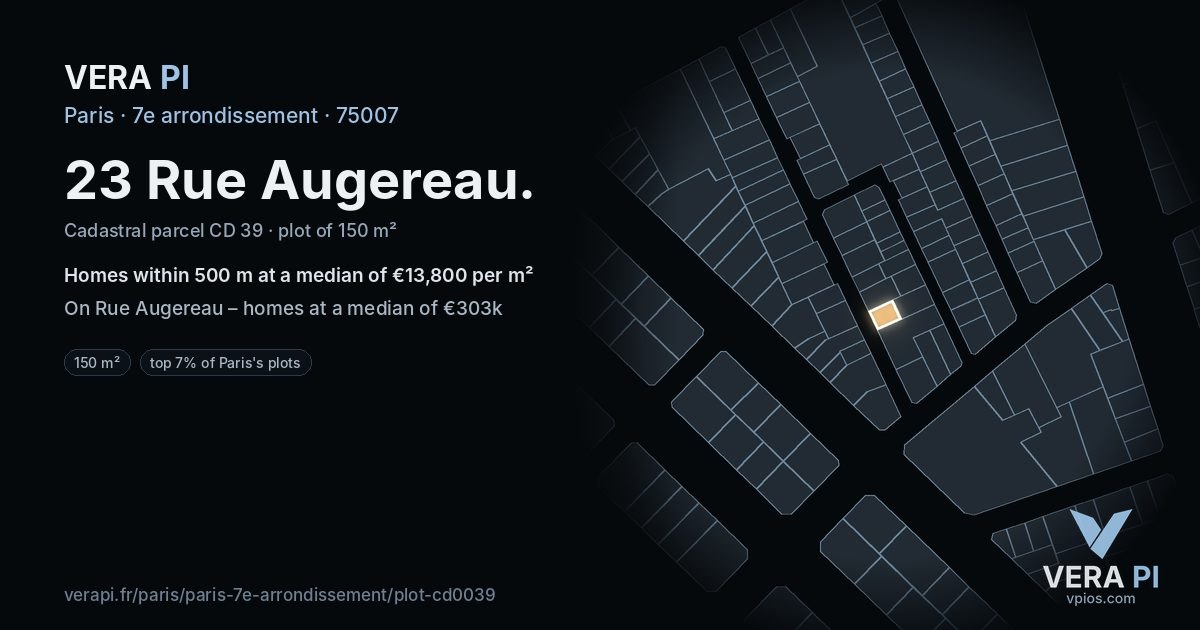 23 Rue Augereau, 7e arrondissement at night – the plot lit, the parcels around coloured by the prices near them