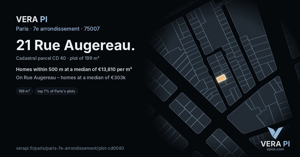 21 Rue Augereau, 7e arrondissement at night – the plot lit, the parcels around coloured by the prices near them
